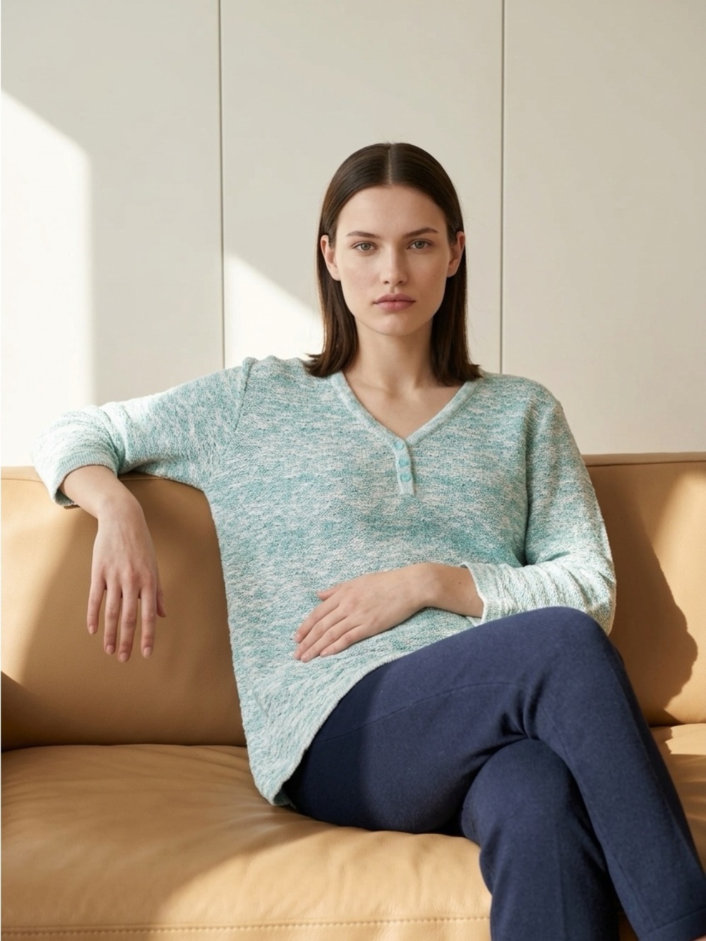 Christopher & Banks Tag is missing Heathered Light Teal V-Neck Henley Sweater